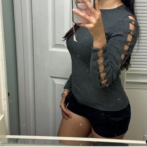 Unique Grunge Metal Clasp Grey
Long Sleeve Cut-out Shirt